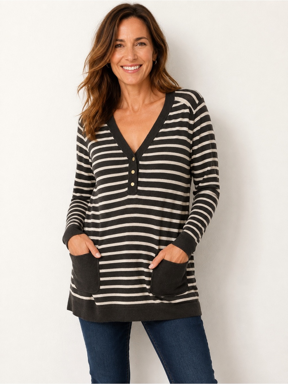 Tory Burch Striped V-Neck Pocket Tunic Sweater XL